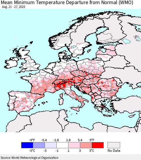 Europe Mean Minimum Temperature Departure from Normal (WMO) Thematic Map For 8/21/2023 - 8/27/2023
