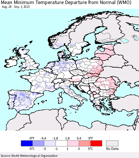 Europe Mean Minimum Temperature Departure from Normal (WMO) Thematic Map For 8/28/2023 - 9/3/2023