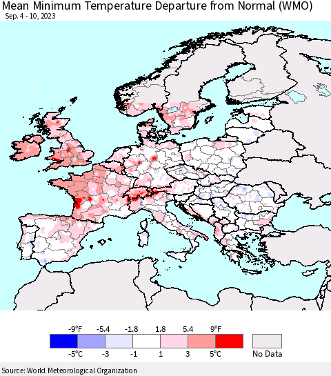 Europe Mean Minimum Temperature Departure from Normal (WMO) Thematic Map For 9/4/2023 - 9/10/2023
