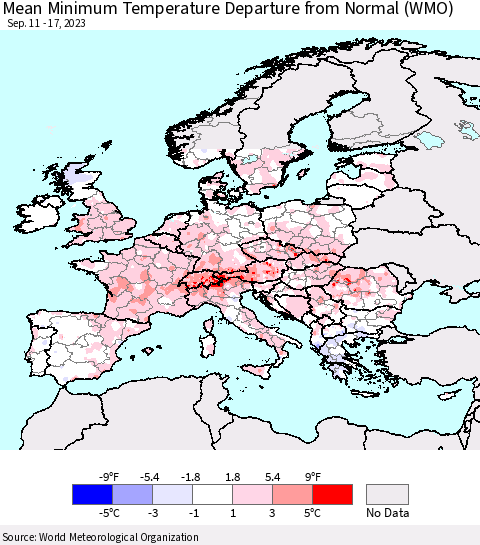 Europe Mean Minimum Temperature Departure from Normal (WMO) Thematic Map For 9/11/2023 - 9/17/2023