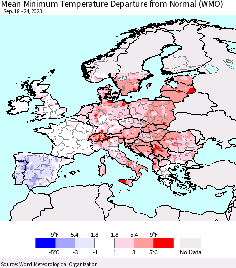 Europe Mean Minimum Temperature Departure from Normal (WMO) Thematic Map For 9/18/2023 - 9/24/2023