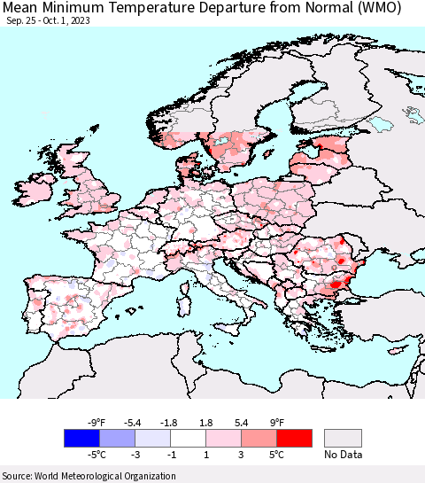 Europe Mean Minimum Temperature Departure from Normal (WMO) Thematic Map For 9/25/2023 - 10/1/2023
