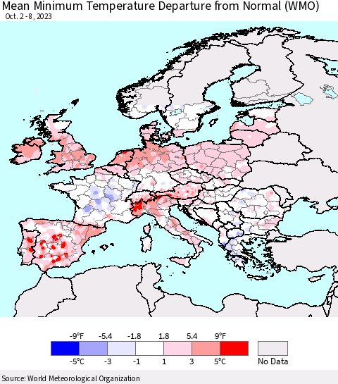Europe Mean Minimum Temperature Departure from Normal (WMO) Thematic Map For 10/2/2023 - 10/8/2023