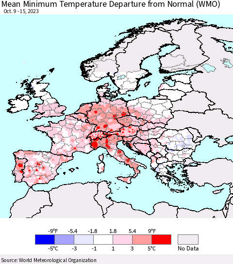Europe Mean Minimum Temperature Departure from Normal (WMO) Thematic Map For 10/9/2023 - 10/15/2023