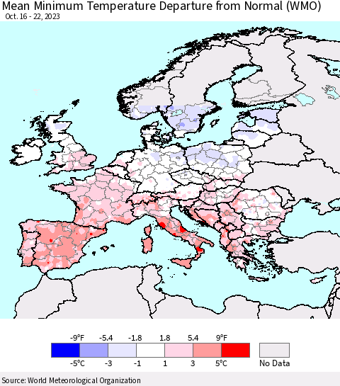 Europe Mean Minimum Temperature Departure from Normal (WMO) Thematic Map For 10/16/2023 - 10/22/2023