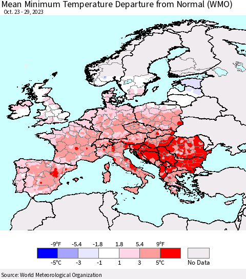 Europe Mean Minimum Temperature Departure from Normal (WMO) Thematic Map For 10/23/2023 - 10/29/2023