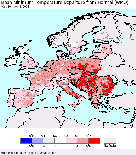 Europe Mean Minimum Temperature Departure from Normal (WMO) Thematic Map For 10/30/2023 - 11/5/2023