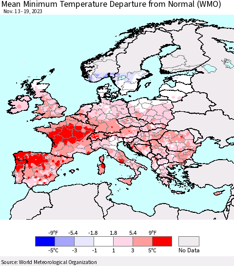 Europe Mean Minimum Temperature Departure from Normal (WMO) Thematic Map For 11/13/2023 - 11/19/2023