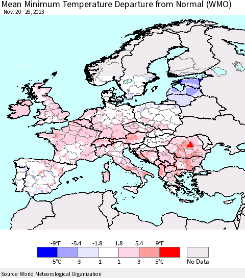 Europe Mean Minimum Temperature Departure from Normal (WMO) Thematic Map For 11/20/2023 - 11/26/2023