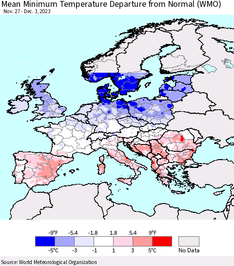 Europe Mean Minimum Temperature Departure from Normal (WMO) Thematic Map For 11/27/2023 - 12/3/2023