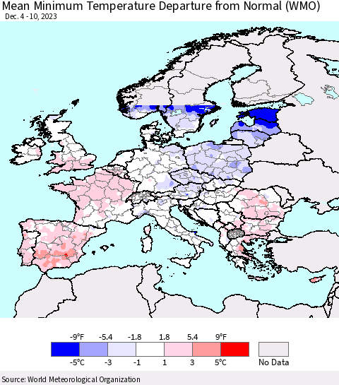 Europe Mean Minimum Temperature Departure from Normal (WMO) Thematic Map For 12/4/2023 - 12/10/2023