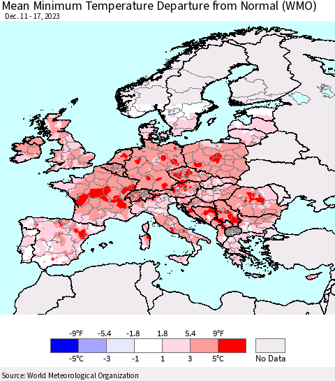 Europe Mean Minimum Temperature Departure from Normal (WMO) Thematic Map For 12/11/2023 - 12/17/2023