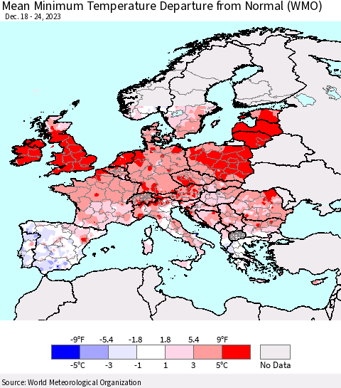 Europe Mean Minimum Temperature Departure from Normal (WMO) Thematic Map For 12/18/2023 - 12/24/2023