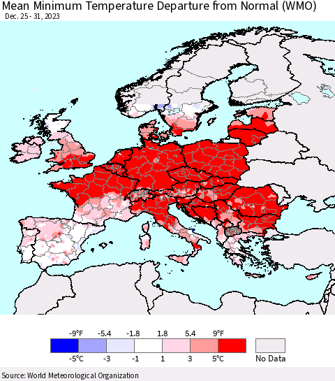 Europe Mean Minimum Temperature Departure from Normal (WMO) Thematic Map For 12/25/2023 - 12/31/2023