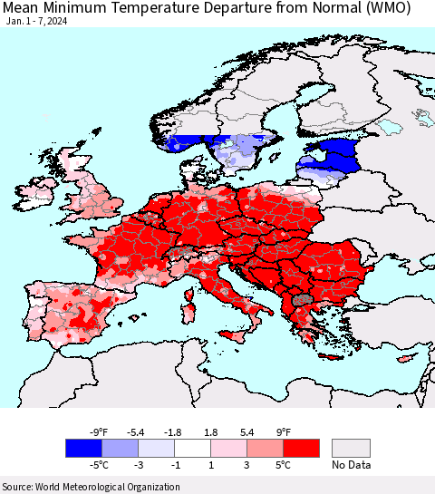 Europe Mean Minimum Temperature Departure from Normal (WMO) Thematic Map For 1/1/2024 - 1/7/2024