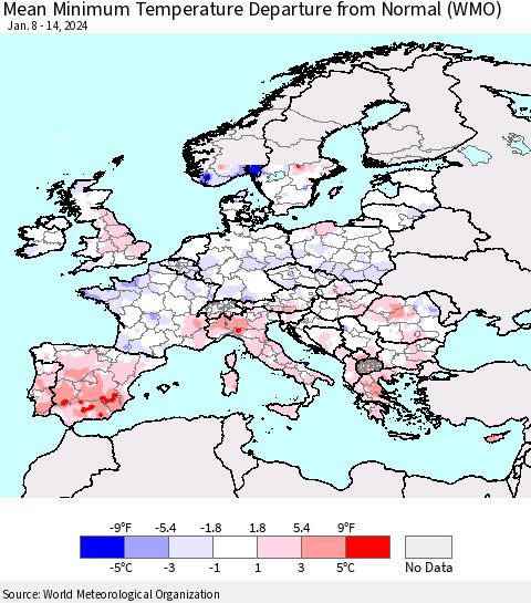 Europe Mean Minimum Temperature Departure from Normal (WMO) Thematic Map For 1/8/2024 - 1/14/2024