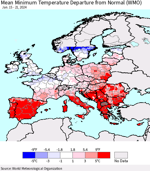 Europe Mean Minimum Temperature Departure from Normal (WMO) Thematic Map For 1/15/2024 - 1/21/2024