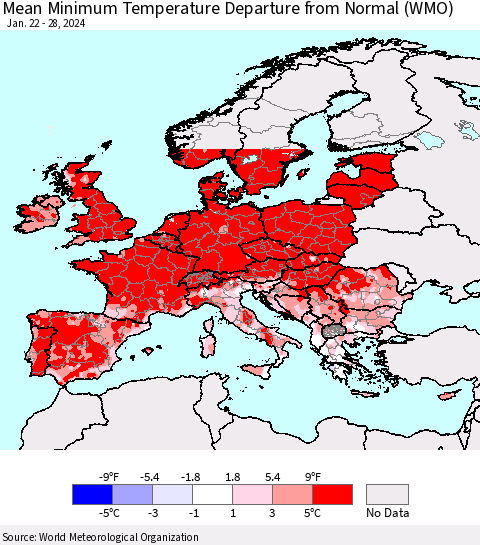 Europe Mean Minimum Temperature Departure from Normal (WMO) Thematic Map For 1/22/2024 - 1/28/2024