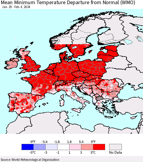 Europe Mean Minimum Temperature Departure from Normal (WMO) Thematic Map For 1/29/2024 - 2/4/2024
