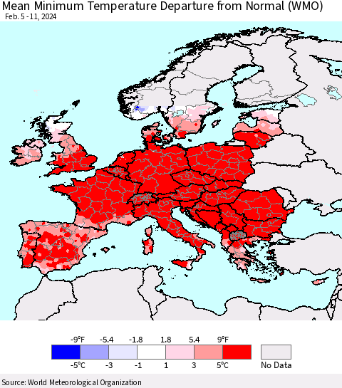 Europe Mean Minimum Temperature Departure from Normal (WMO) Thematic Map For 2/5/2024 - 2/11/2024