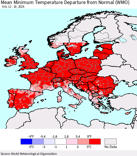 Europe Mean Minimum Temperature Departure from Normal (WMO) Thematic Map For 2/12/2024 - 2/18/2024