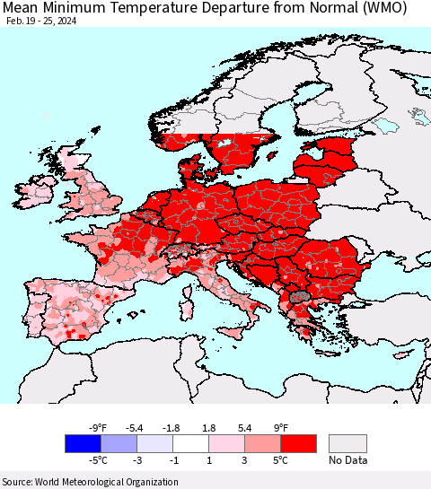 Europe Mean Minimum Temperature Departure from Normal (WMO) Thematic Map For 2/19/2024 - 2/25/2024