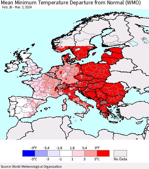 Europe Mean Minimum Temperature Departure from Normal (WMO) Thematic Map For 2/26/2024 - 3/3/2024