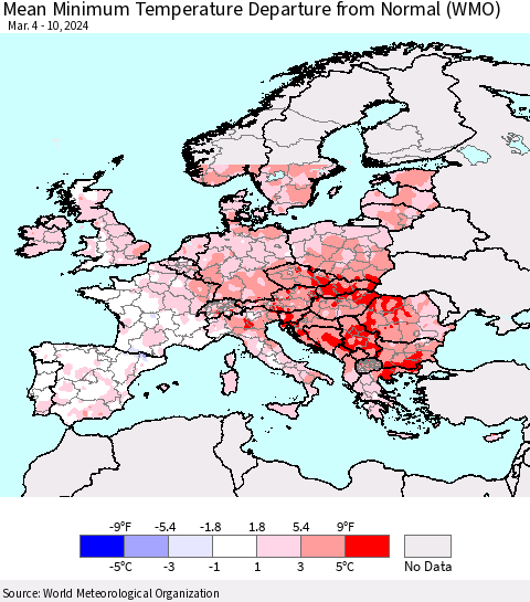 Europe Mean Minimum Temperature Departure from Normal (WMO) Thematic Map For 3/4/2024 - 3/10/2024