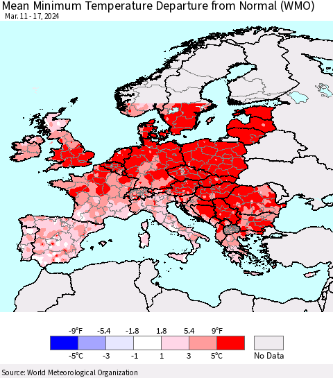 Europe Mean Minimum Temperature Departure from Normal (WMO) Thematic Map For 3/11/2024 - 3/17/2024