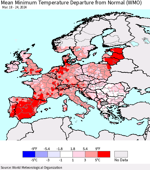 Europe Mean Minimum Temperature Departure from Normal (WMO) Thematic Map For 3/18/2024 - 3/24/2024