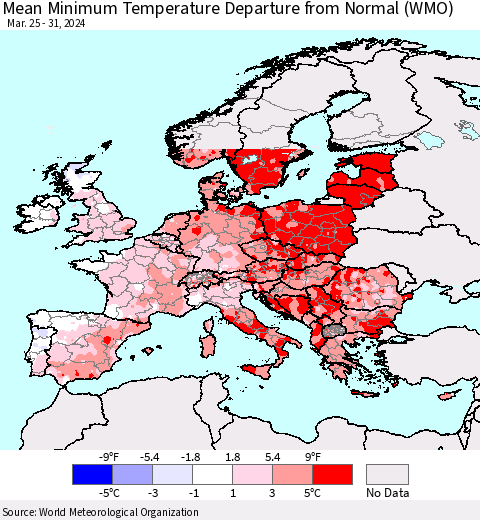 Europe Mean Minimum Temperature Departure from Normal (WMO) Thematic Map For 3/25/2024 - 3/31/2024
