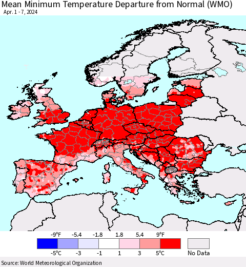 Europe Mean Minimum Temperature Departure from Normal (WMO) Thematic Map For 4/1/2024 - 4/7/2024