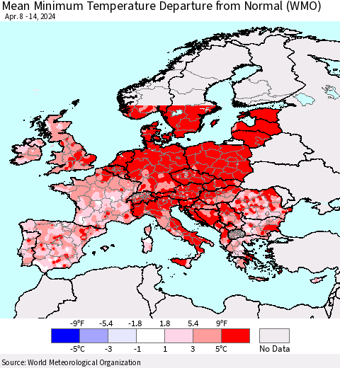 Europe Mean Minimum Temperature Departure from Normal (WMO) Thematic Map For 4/8/2024 - 4/14/2024