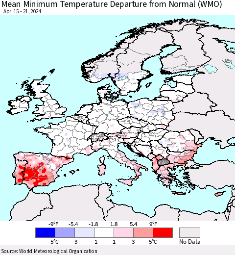 Europe Mean Minimum Temperature Departure from Normal (WMO) Thematic Map For 4/15/2024 - 4/21/2024