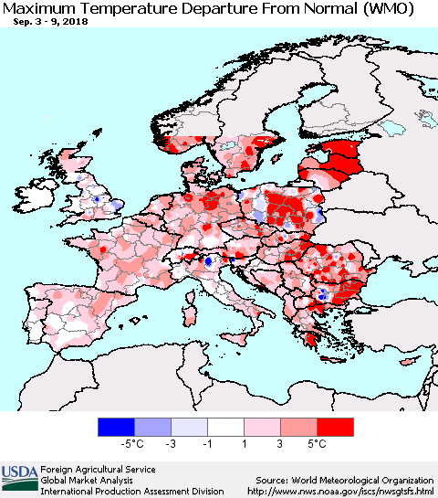 Europe Mean Maximum Temperature Departure from Normal (WMO) Thematic Map For 9/3/2018 - 9/9/2018
