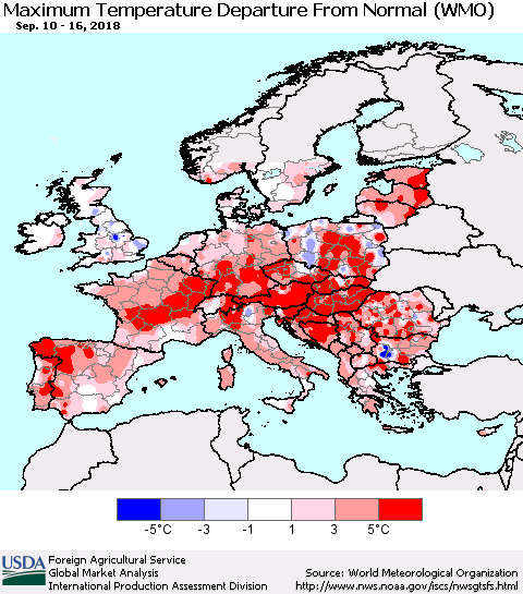 Europe Mean Maximum Temperature Departure from Normal (WMO) Thematic Map For 9/10/2018 - 9/16/2018