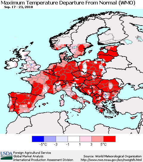 Europe Mean Maximum Temperature Departure from Normal (WMO) Thematic Map For 9/17/2018 - 9/23/2018