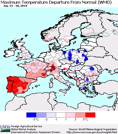 Europe Mean Maximum Temperature Departure from Normal (WMO) Thematic Map For 9/24/2018 - 9/30/2018