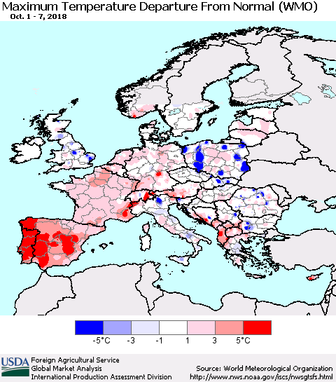 Europe Mean Maximum Temperature Departure from Normal (WMO) Thematic Map For 10/1/2018 - 10/7/2018
