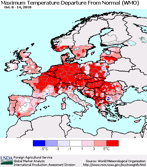 Europe Mean Maximum Temperature Departure from Normal (WMO) Thematic Map For 10/8/2018 - 10/14/2018