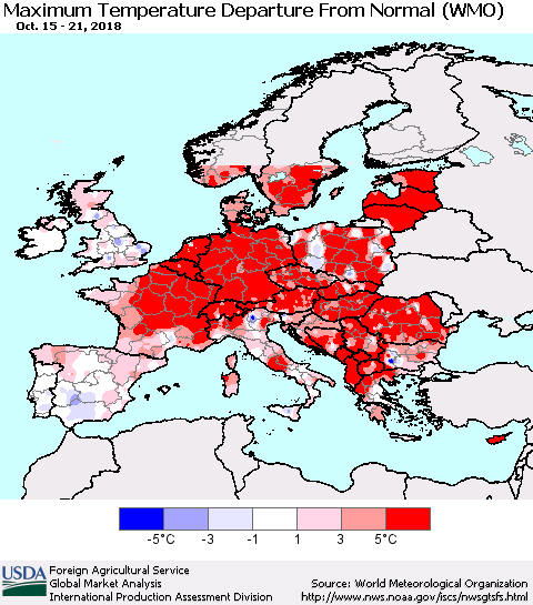 Europe Mean Maximum Temperature Departure from Normal (WMO) Thematic Map For 10/15/2018 - 10/21/2018