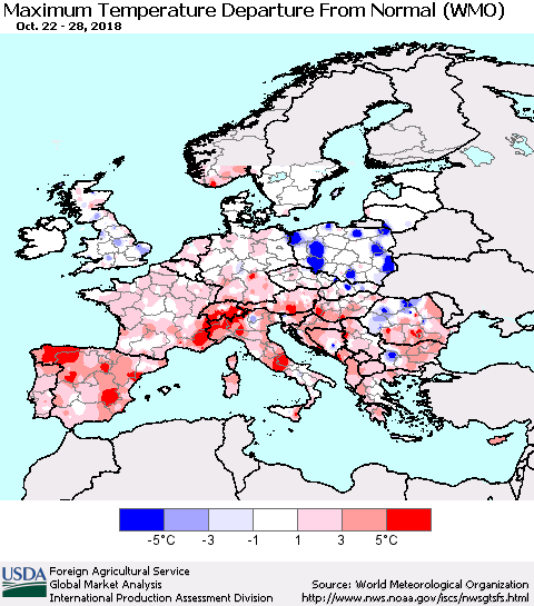 Europe Mean Maximum Temperature Departure from Normal (WMO) Thematic Map For 10/22/2018 - 10/28/2018