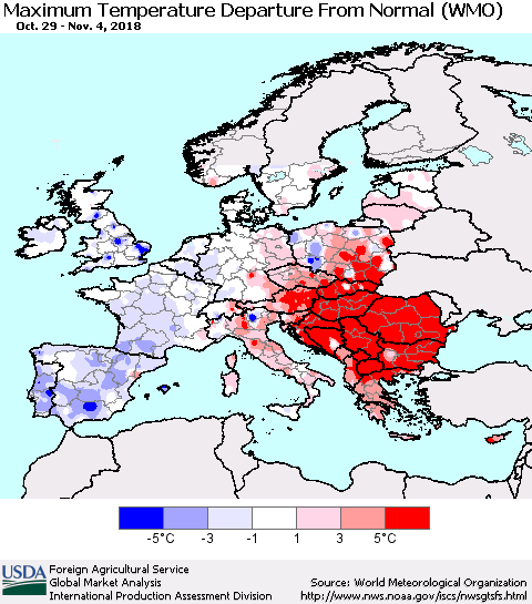 Europe Mean Maximum Temperature Departure from Normal (WMO) Thematic Map For 10/29/2018 - 11/4/2018