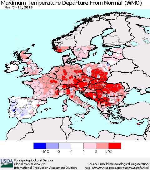 Europe Mean Maximum Temperature Departure from Normal (WMO) Thematic Map For 11/5/2018 - 11/11/2018