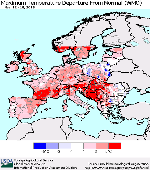 Europe Mean Maximum Temperature Departure from Normal (WMO) Thematic Map For 11/12/2018 - 11/18/2018