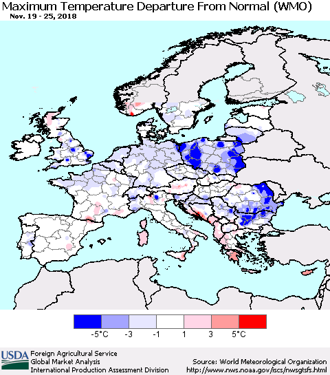 Europe Mean Maximum Temperature Departure from Normal (WMO) Thematic Map For 11/19/2018 - 11/25/2018