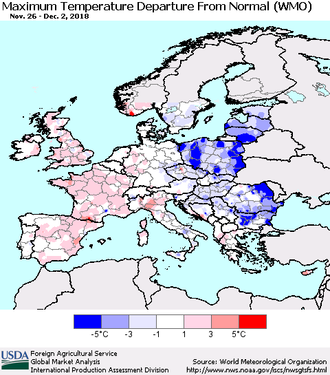 Europe Mean Maximum Temperature Departure from Normal (WMO) Thematic Map For 11/26/2018 - 12/2/2018