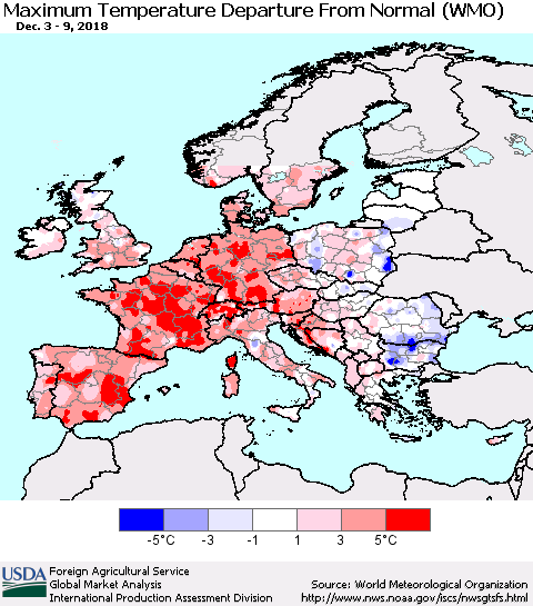 Europe Mean Maximum Temperature Departure from Normal (WMO) Thematic Map For 12/3/2018 - 12/9/2018