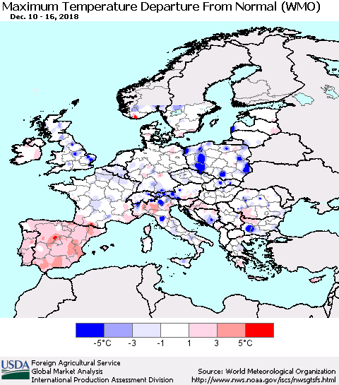 Europe Mean Maximum Temperature Departure from Normal (WMO) Thematic Map For 12/10/2018 - 12/16/2018