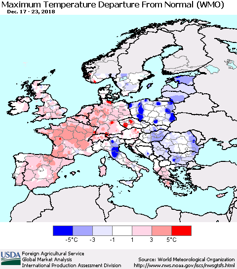 Europe Mean Maximum Temperature Departure from Normal (WMO) Thematic Map For 12/17/2018 - 12/23/2018
